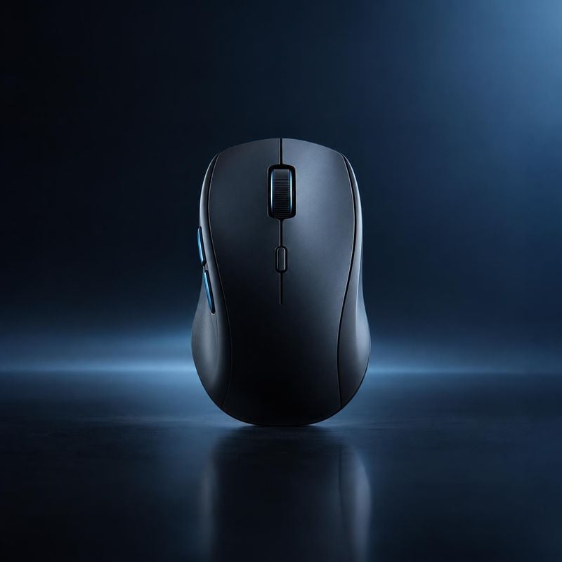 computer mouse electronics product photo: A sleek black computer mouse floats against a dark blue studio backdrop, with cool directional lighting and a polishe…