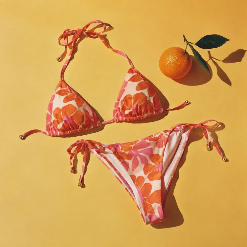 floral bikini flat lay product photo: A pink-and-orange floral bikini is arranged flat on a sunny yellow background beside an orange, with crisp shadows creati…