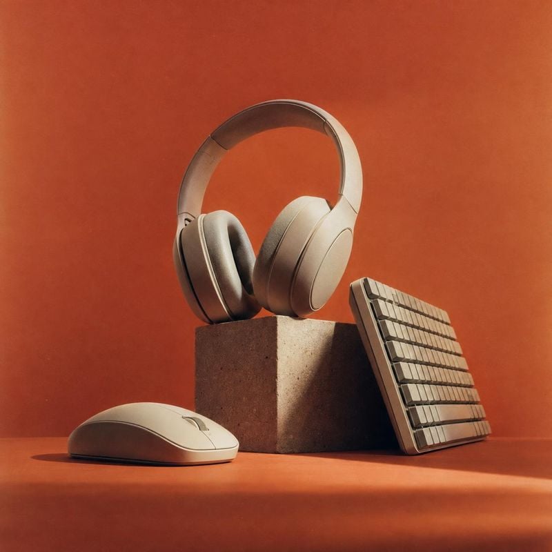 headphones and computer accessories electronics product photo: Cream-colored headphones, a keyboard, and a mouse are arranged on a stone pedestal against a war…