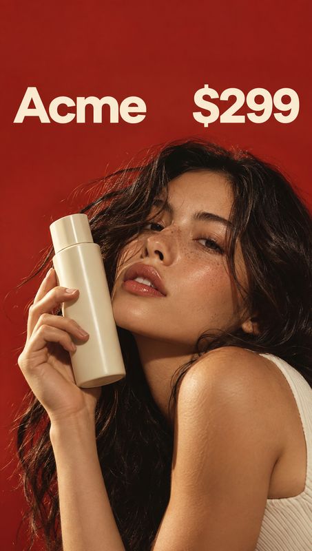 cosmetic bottle product in hand product photo: A woman holds a pale cosmetic bottle beside her face against a vivid red studio backdrop, with bold cream-colore…