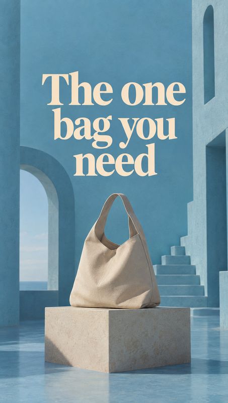 beige shoulder bag exterior / architecture product photo: A beige shoulder bag sits on a stone pedestal in a sculptural blue architectural setting, beneath a l…