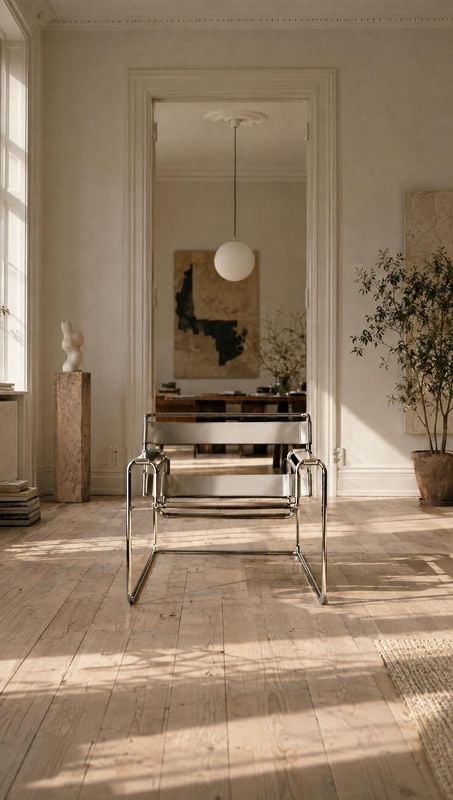 chrome-framed chair interior space product photo: A polished chrome chair sits centered in a serene, sunlit room with warm wood floors, sculptural decor, and s…