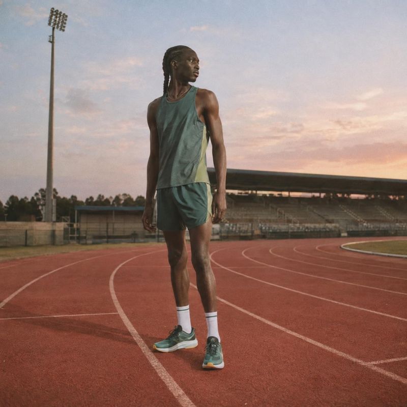 running outfit and sneakers product photo: A male runner in a muted teal athletic outfit and sneakers stands on a red track, framed by stadium seating beneath…