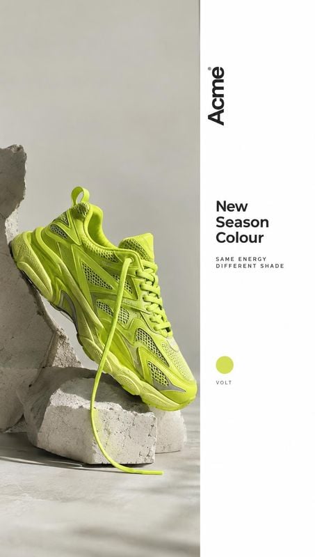 neon lime sneakers close-up detail product photo: Neon lime sneakers are styled on rough concrete blocks beside bold black launch copy, with crisp studio light…