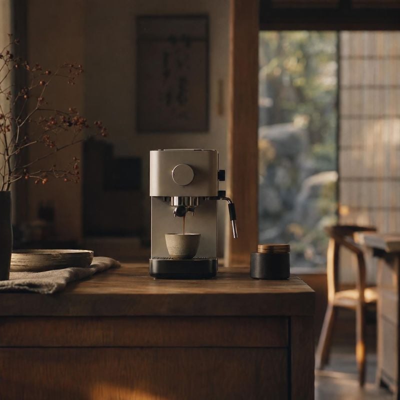 espresso machine equipment in use product photo: A minimalist espresso machine brews coffee on a rustic wooden counter in a softly lit, warm-toned interior, cr…