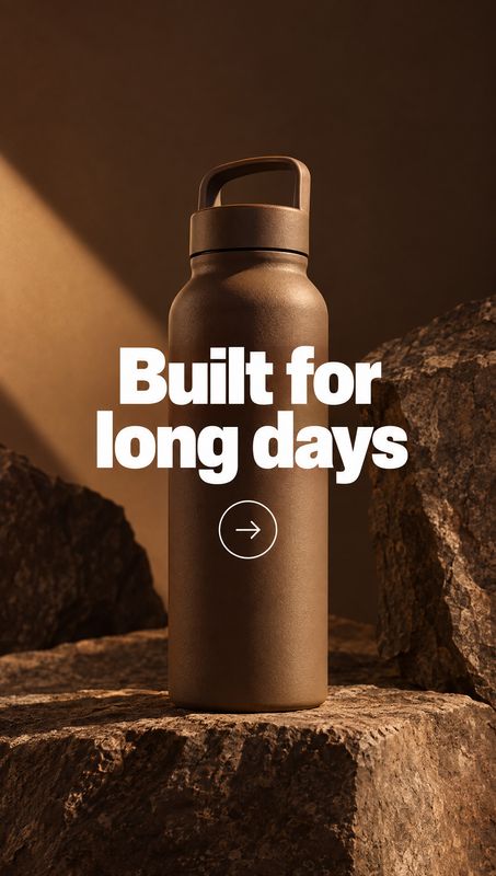 insulated water bottle sports product photo: A bronze insulated bottle stands among rugged rocks in warm directional light, with bold white headline text creat…