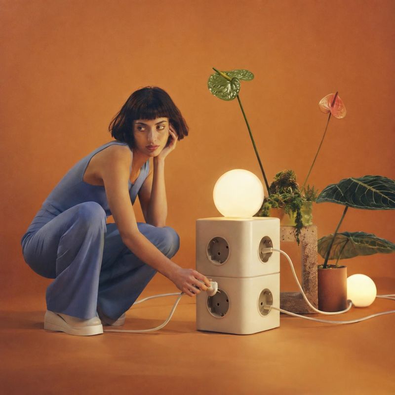 modular power outlet equipment in use product photo: A woman in a blue outfit plugs a cord into a sculptural modular outlet surrounded by plants and glowing or…