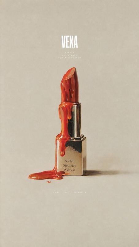 lipstick packshot product photo: A sculptural red lipstick is coated in glossy, melting pigment against a warm beige studio backdrop, with restrained typograph…