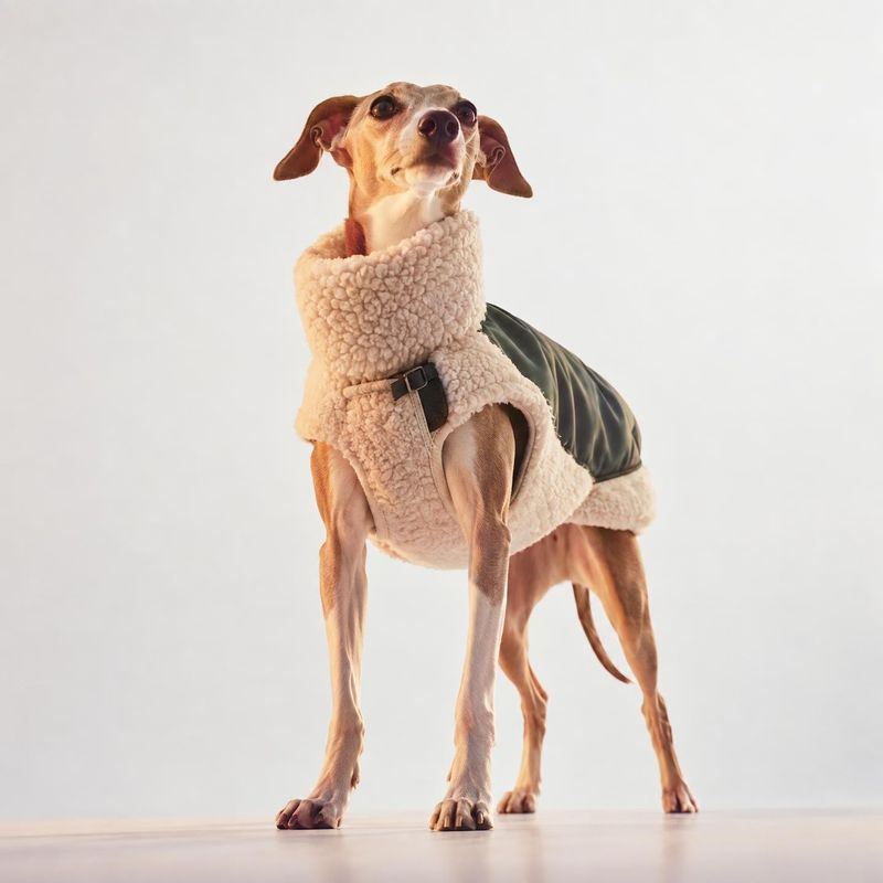 dog coat pet product photo: A slender dog models a cream sherpa coat with a dark green panel against a softly lit white studio backdrop, with open space to the…