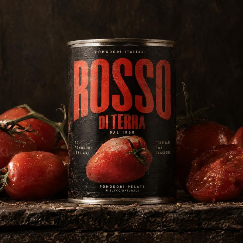 canned peeled tomatoes ingredients product photo: A dramatic, warmly lit can of peeled tomatoes stands among fresh and crushed tomatoes on a rustic surface aga…