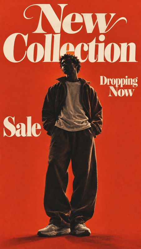 streetwear outfit black friday product photo: A male model stands in a relaxed streetwear outfit against a vivid red studio backdrop, framed by oversized cream…