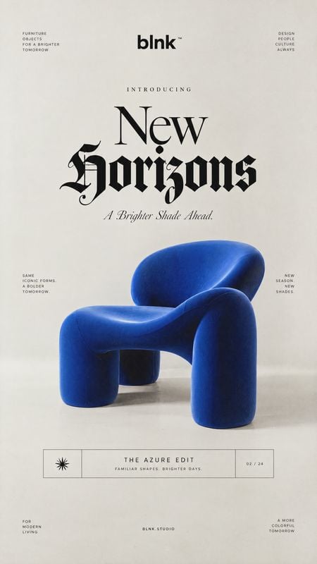 blue upholstered chair packshot product photo: A sculptural blue upholstered chair is centered against a warm off-white studio backdrop, framed by elegant blac…