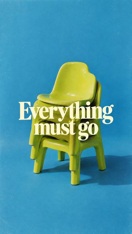 stacked chairs packshot product photo: Lime-green plastic chairs are stacked against a vivid blue studio backdrop, with bold cream lettering reading “Everythin…