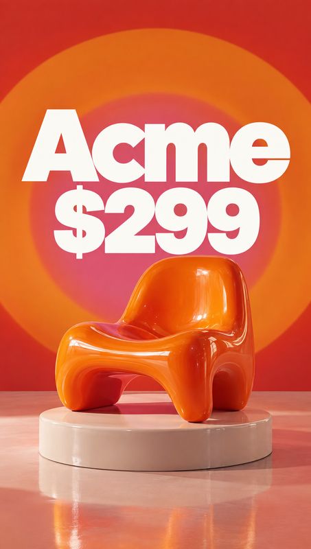 orange chair home product photo: A glossy orange chair sits on a round display plinth against a vivid red, orange, and pink backdrop, with large white price ty…