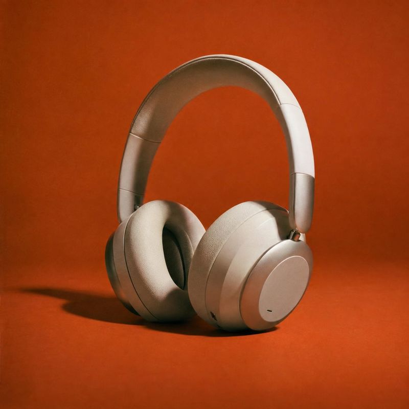 over-ear headphones electronics product photo: A pair of sculptural light-colored over-ear headphones sits against a saturated terracotta studio backdrop, lit…