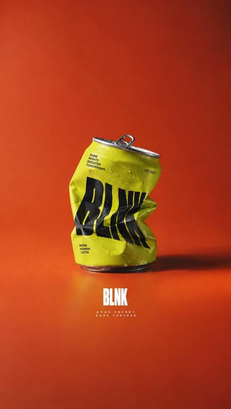 energy drink can packshot product photo: A crumpled lime-yellow energy drink can stands against a vivid orange studio backdrop, with bold black packaging graph…