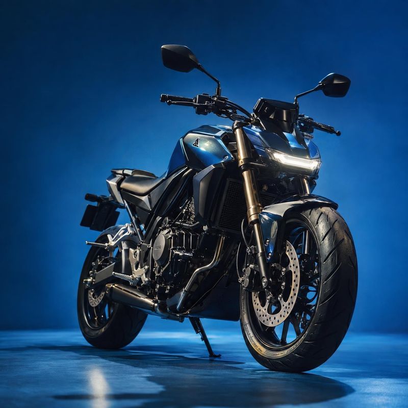 motorcycle vehicle exterior product photo: A dark motorcycle is presented from a low three-quarter angle against a deep blue studio backdrop, with dramatic hig…