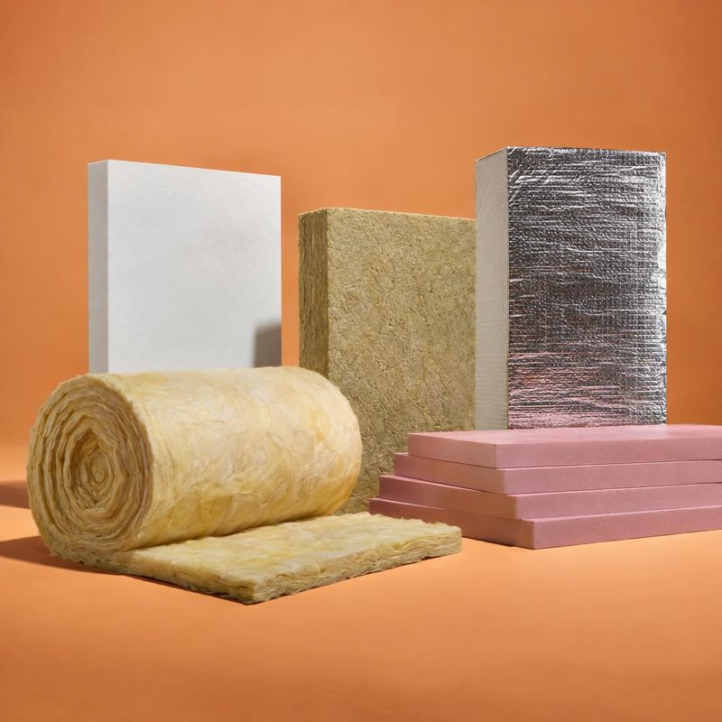 insulation materials texture / swatch product photo: A roll of fiberglass insulation and several rigid insulation samples are arranged on a warm orange studio…