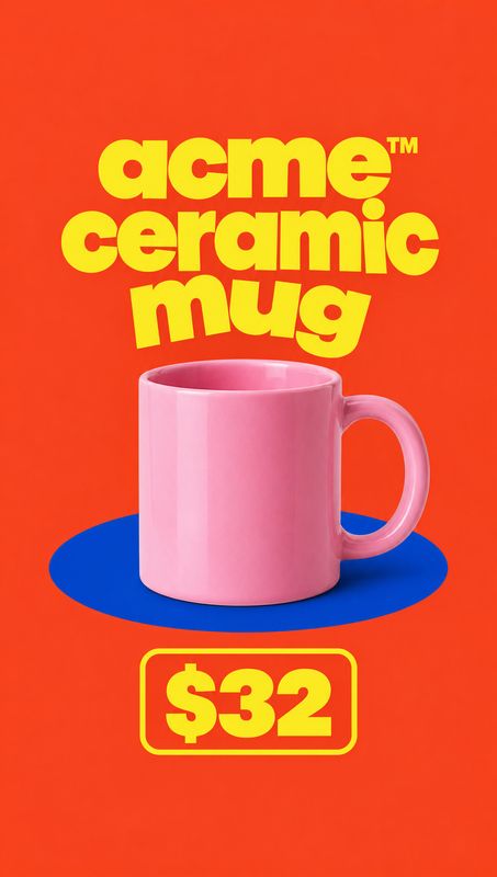 ceramic mug packshot product photo: A glossy pink ceramic mug sits on a blue oval against a vivid red-orange background, with bold yellow lettering and a $32 p…