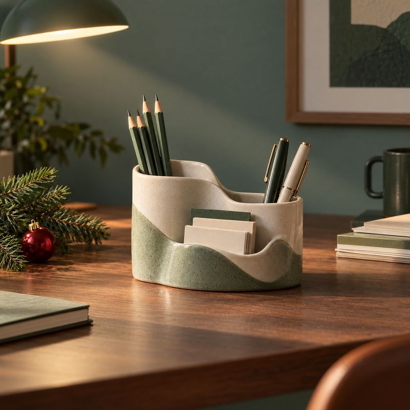ceramic desk organizer christmas product photo: A speckled ceramic organizer holds pencils, pens and notecards on a warm wooden desk, styled with evergreen and…