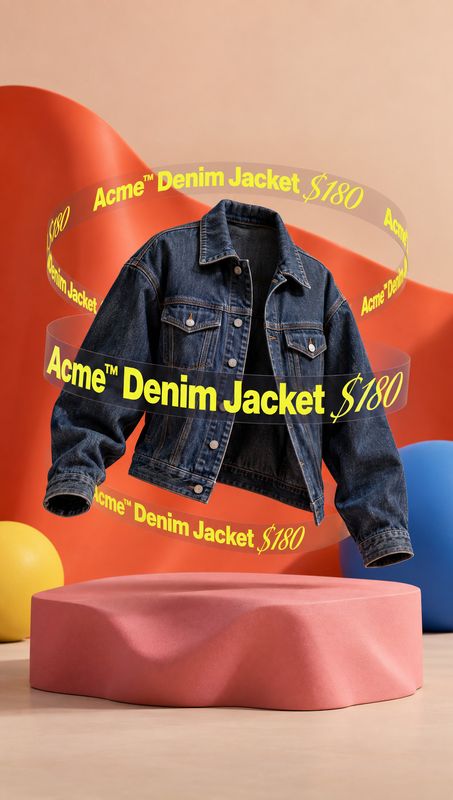 denim jacket floating product product photo: A floating denim jacket is framed by looping yellow product-and-price lettering above a pink pedestal, with bold r…