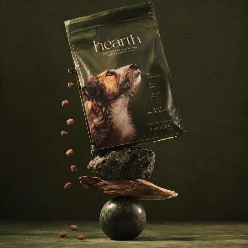dog food pet product photo: A dark green bag of dog food featuring a dog portrait balances above a stone and piece of driftwood as kibble falls beside it, lit…