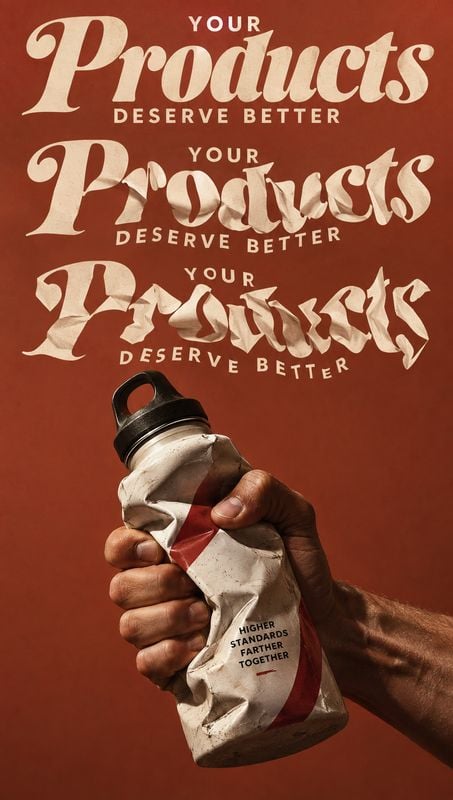 reusable water bottle close-up detail product photo: A hand grips a crumpled reusable bottle against a warm rust-red backdrop, beneath oversized cream typograp…
