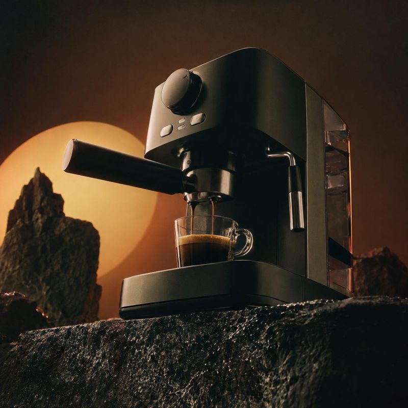 espresso machine equipment in use product photo: A black espresso machine brews into a glass cup on a rugged dark surface, dramatically lit against a warm glow…