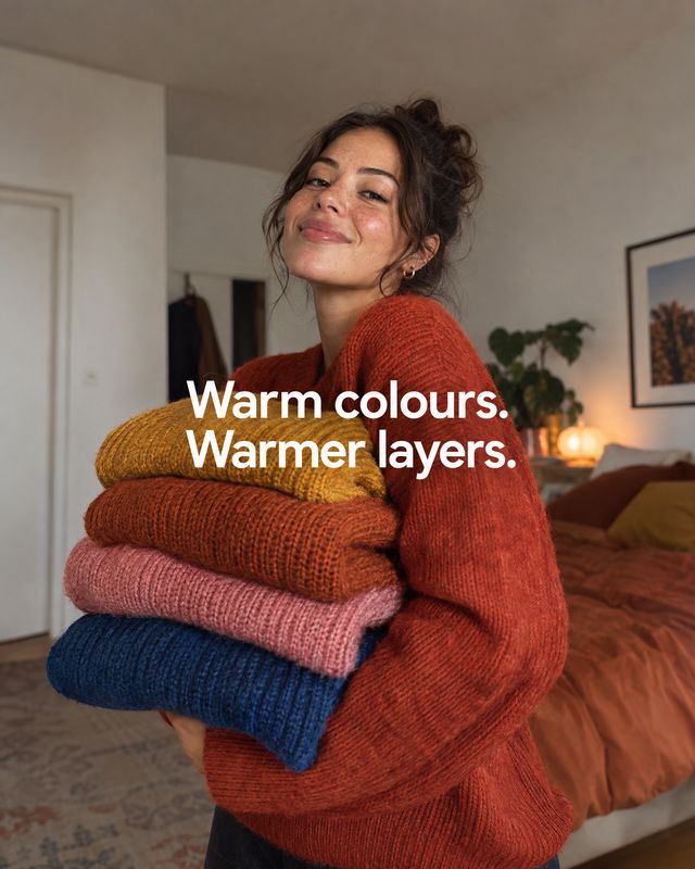 knit sweaters autumn product photo: A woman in a rust-colored knit sweater holds a stack of colorful sweaters in a warmly lit bedroom, with the headline “Warm…