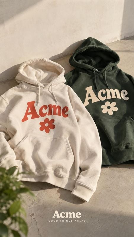 hoodies group lineup product photo: Two cream and dark green graphic hoodies are arranged on a sunlit concrete floor, with soft shadows and a small brand-style…