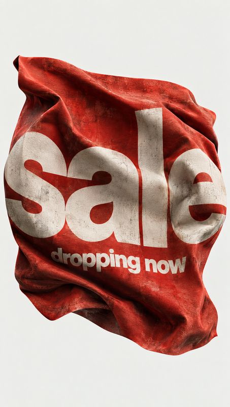 floating product product photo: A crumpled red fabric form bearing oversized white “sale” lettering and “dropping now” floats against a pale studio background,…