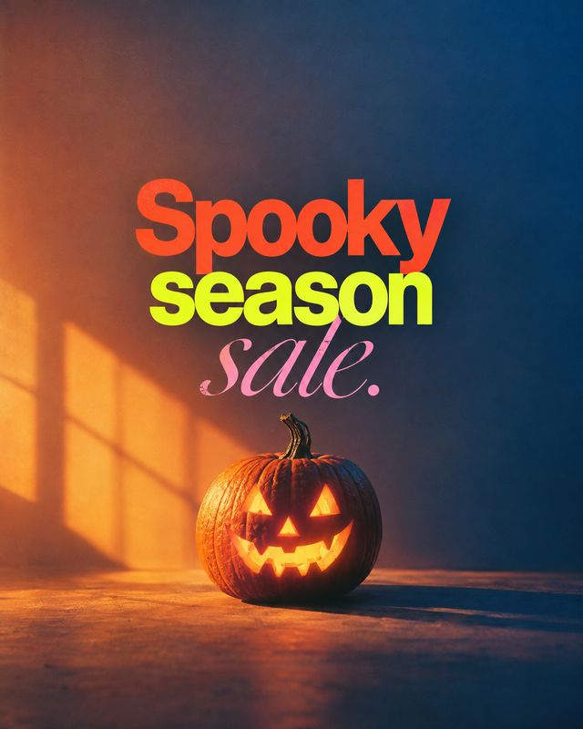 halloween product photo: A glowing jack-o’-lantern sits on a studio floor against a dramatic orange-and-blue backdrop, beneath bold colorful “Spooky season sal…