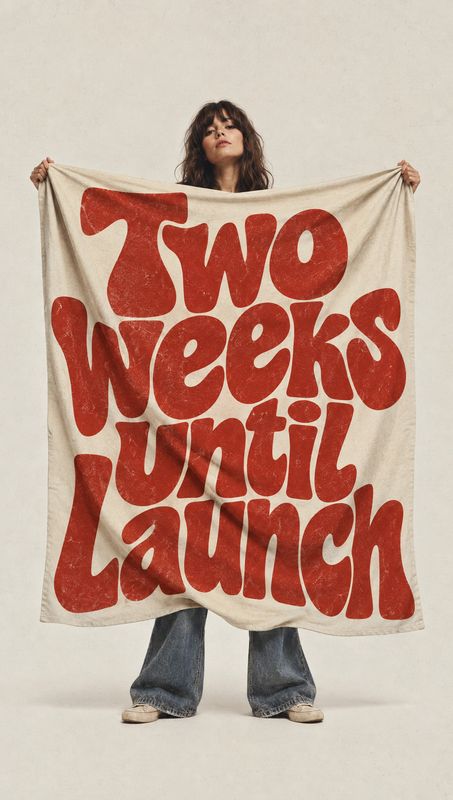 printed fabric banner home product photo: A woman in a casual outfit holds a cream fabric banner with oversized red lettering against a warm neutral studio bac…