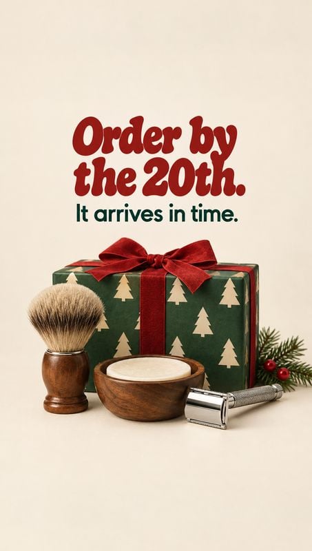 shaving kit personal care product photo: A shaving kit is arranged with a wrapped Christmas gift and festive greenery beneath bold red and green delivery messa…