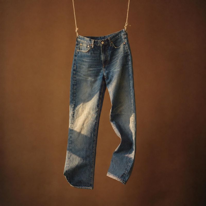 blue jeans ghost mannequin product photo: A pair of worn-in blue jeans hangs by cords against a warm brown studio backdrop, lit with soft directional light for…