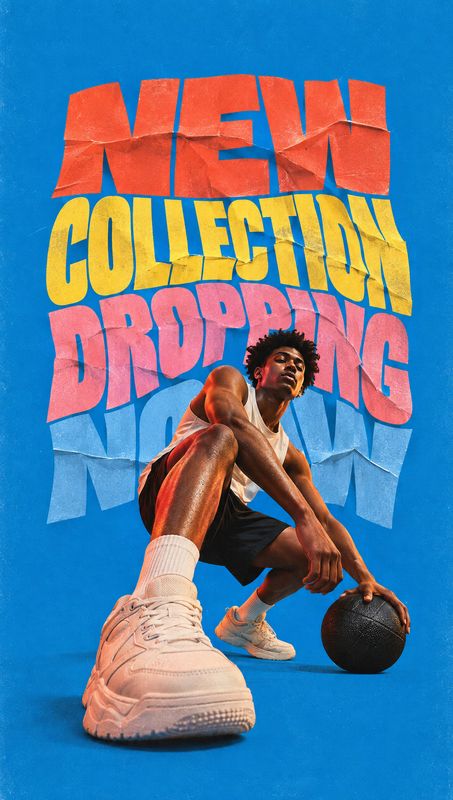 sneakers on-body detail product photo: A male model crouches with a basketball in pale sneakers against a vivid blue studio backdrop, beneath oversized crumple…