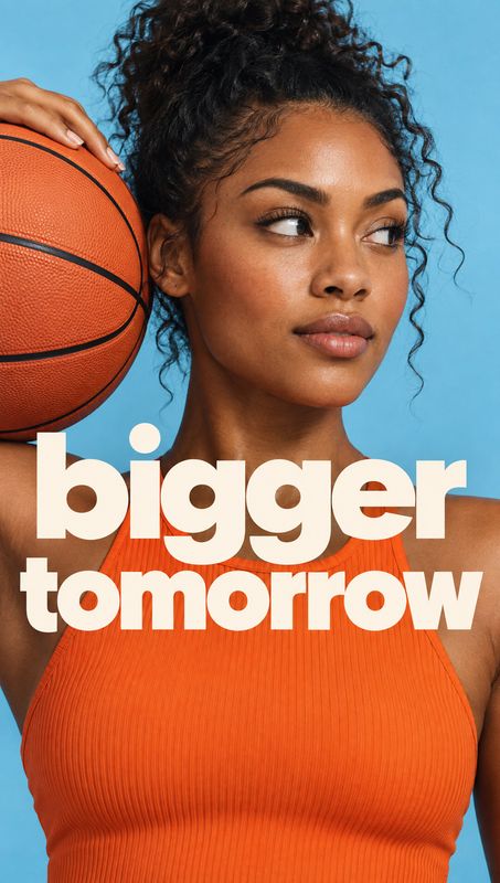 basketball sports product photo: An adult woman in an orange athletic top holds a basketball beside her head against a bright blue studio backdrop, with bold c…