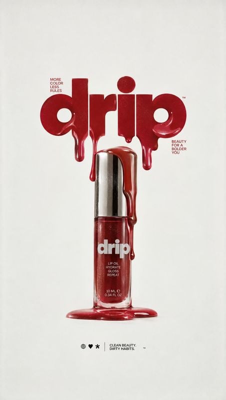 lip oil packshot product photo: A red lip oil stands against a pale studio background, styled with glossy dripping lettering and compact beauty copy for a bold…