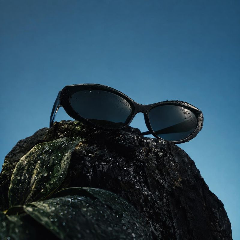 sunglasses close-up detail product photo: Black sunglasses rest on a wet, rugged rock against a clear blue sky, with dramatic natural light creating a sleek, a…