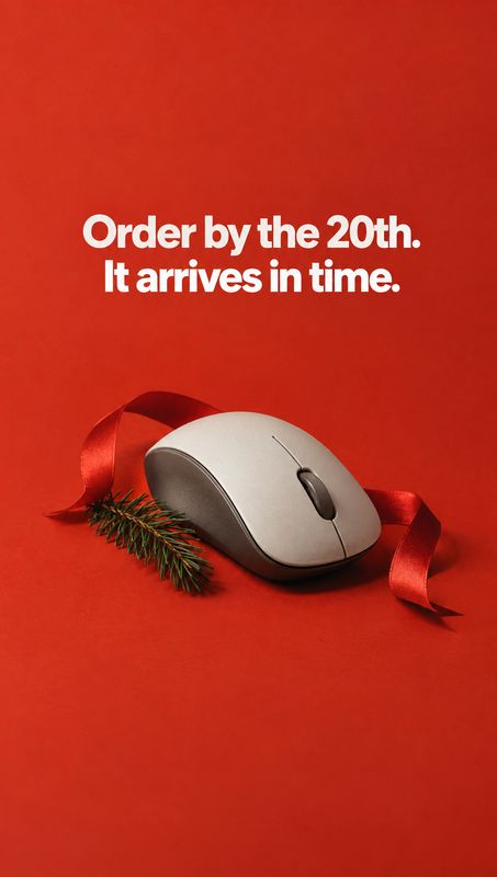 computer mouse electronics product photo: A silver computer mouse rests on a vivid red studio surface, wrapped with red ribbon and a sprig of evergreen beneath…