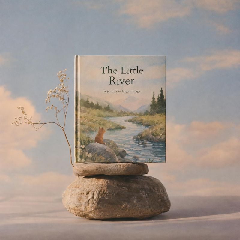 book book product photo: A storybook titled “The Little River” stands on stacked river stones beside a dried sprig, styled against a softly clouded pastel back…