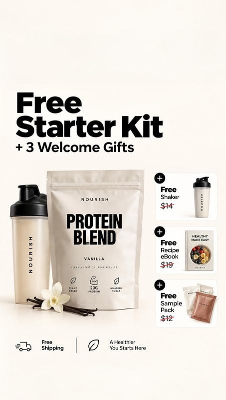 protein blend personal care product photo: A cream-colored promotional graphic features a protein blend pouch, shaker, and welcome gifts arranged in soft studi…