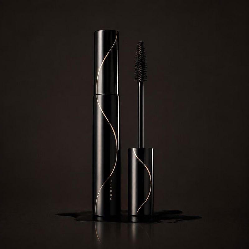 mascara black friday product photo: An open black mascara and its matching tube stand in a glossy dark puddle against a near-black studio backdrop, lit with na…