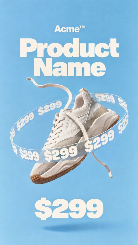 sneaker floating product product photo: A cream-colored sneaker floats against a bright blue background, encircled by a ribbon of repeated $299 prices beneath…