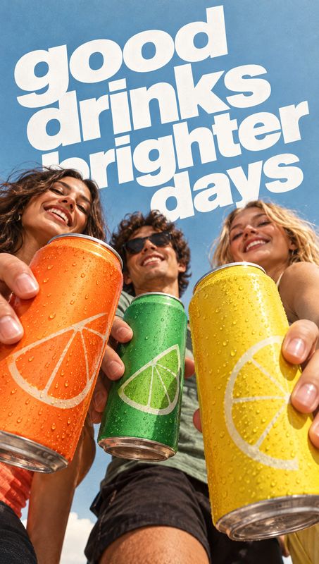 citrus-flavored drink cans lifestyle scene product photo: Three smiling young adults hold brightly colored, condensation-covered citrus drink cans toward the c…