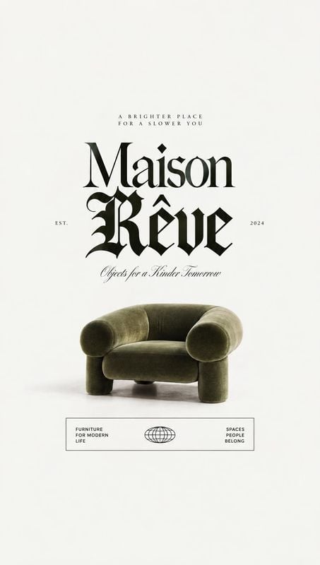 velvet armchair packshot product photo: A sculptural olive velvet armchair sits on a pale studio floor beneath ornate black Maison Rêve typography, creating a…