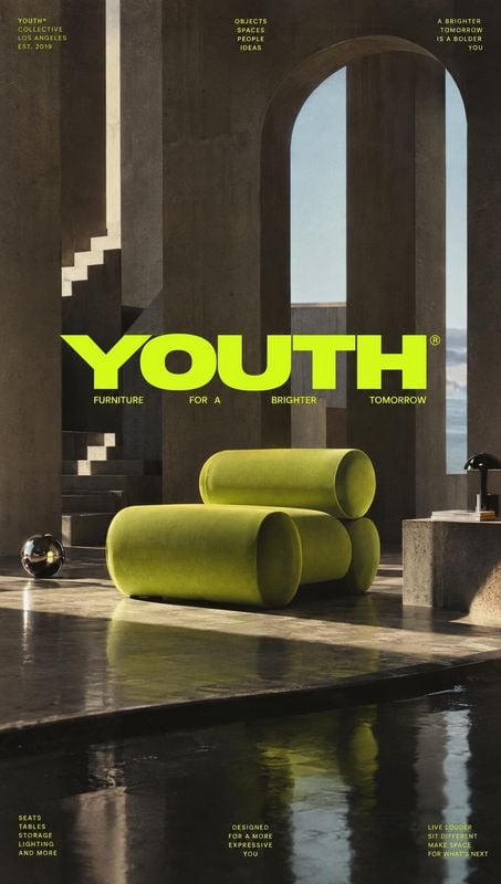 sculptural lounge chair room set product photo: A sculptural lime-green lounge chair anchors a dramatic concrete interior, with bold neon typography and small…