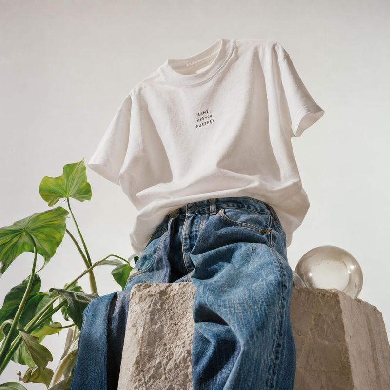 white graphic T-shirt and blue jeans ghost mannequin product photo: A headless model wears a white printed T-shirt with relaxed blue jeans, posed on a stone bl…