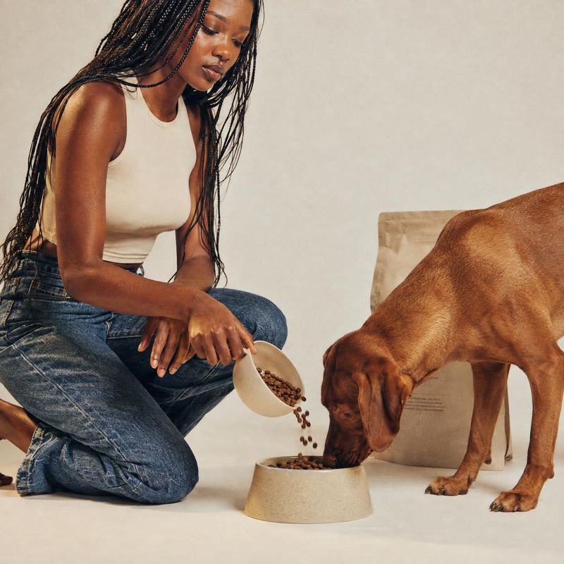 dog food pet product photo: A woman in a cream sleeveless top and jeans pours kibble into a bowl as a brown dog eats beside a neutral-toned food bag, photograp…