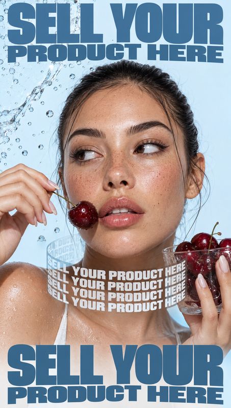 cherries ingredients product photo: A close-up portrait of a woman holding cherries against a pale blue, water-speckled backdrop, framed by oversized blue and…